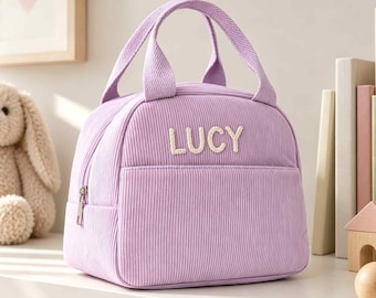 Christmas Gift Personalized Corduroy Lunch Bag, Custom Name Embroidered Kids Lunch Tote, Insulated Lunch Box Bag for School