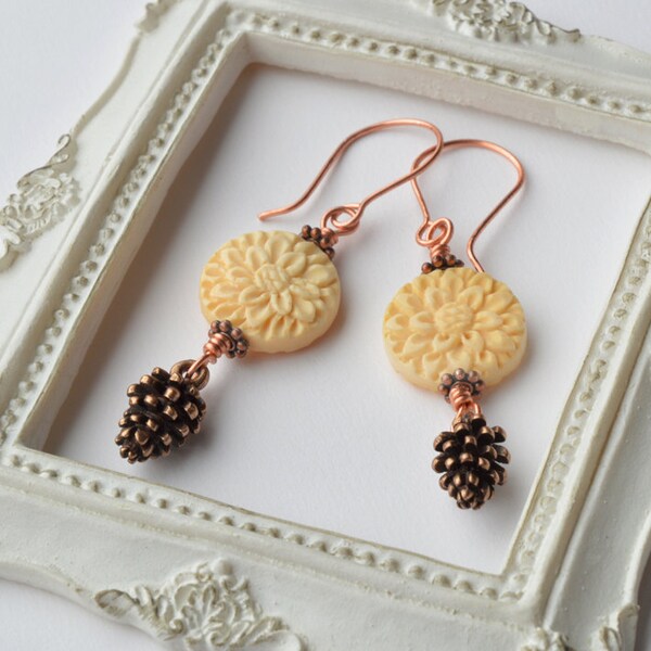 Nature Inspired Bone, Brass, and Copper Autumn Earrings -  Blossoms and Pinecone earrings