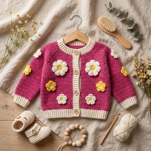 Könnte beinhalten: Eine langärmelige Häkelstrickjacke in Magenta mit cremefarbenem Rippstrickkragen, Bündchen und Knopfleiste mit vier Holzknöpfen. Das Kleidungsstück ist mit mehreren gehäkelten weißen und gelben Blumenapplikationen verziert.