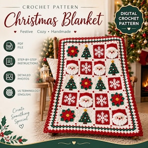 Puede incluir: Un patrón de ganchillo digital para una manta navideña con una cuadrícula de cuadrados con motivos de caras de Papá Noel, flores de pascua, árboles de Navidad y copos de nieve en hilo rojo, blanco y verde.