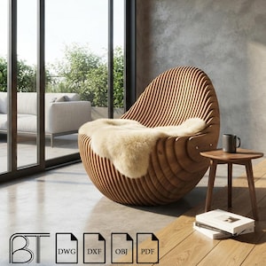 May include: A rounded wooden chair constructed from vertical slats with a cream-colored faux fur throw draped over the seat. Beside the chair is a small wooden side table holding a dark mug and two books. Text icons include BT, DWG, DXF, OBJ, and PDF.