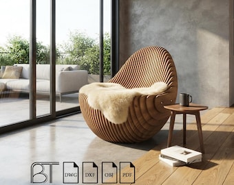 May include: A rounded wooden chair constructed from vertical slats with a cream-coloured faux fur throw draped over the seat. Beside the chair is a small wooden side table holding a dark mug and two books. Text icons include BT, DWG, DXF, OBJ, and PDF.