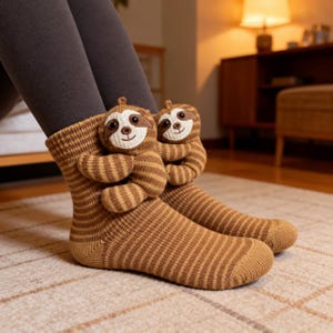 May include: A pair of brown and tan striped knit socks featuring a plush, three-dimensional sloth character attached to the ankle area. The sloth has a white face, embroidered facial features, and arms that wrap around the front of the sock.