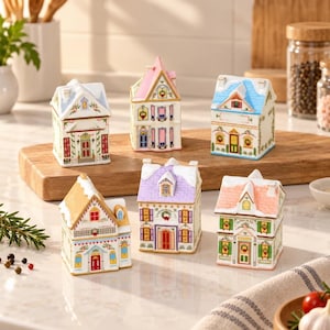Könnte beinhalten: Ein Set aus sechs Miniaturhäusern aus Keramik mit weißen Wänden, farbigen Dächern in Rosa, Blau, Lila und Beige sowie detailliert bemalten Fenstern, Türen und Weihnachtskränzen. Jedes Gebäude ist mit weißen Schneeakzenten versehen.