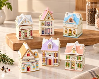Zestaw Cottagecore Spice Village 6 szt., słoik do przechowywania z nadrukiem 3D, miniaturowy pojemnik w kształcie zimowego domku, pojemnik na świąteczne drobiazgi, dekoracja biurka w stylu vintage