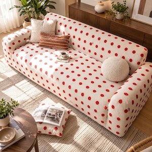 May include: A cream-colored sofa cover featuring a repeating pattern of small red polka dots. The cover is fitted over a couch and includes a square cream pillow, a rectangular brown striped pillow, and a round cream textured pillow.