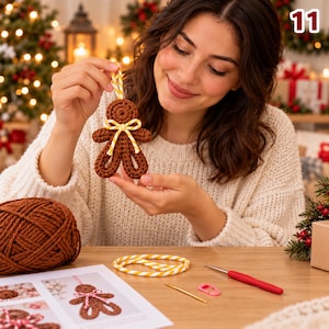 May include: A brown crocheted gingerbread man ornament featuring a yellow and white striped ribbon bow at the neck and a matching hanging loop. The ornament is made of yarn and includes a ball of brown yarn, a crochet hook, and a pattern sheet.