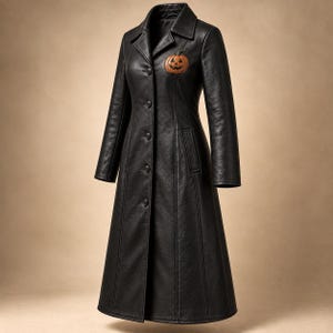 Può includere: Un cappotto lungo nero con colletto strutturato, maniche lunghe e chiusura frontale con bottoni. Una toppa arancione a forma di zucca con un volto di jack-o'-lantern intagliato è cucita sulla parte superiore sinistra del petto del capo liscio.