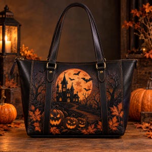 Könnte beinhalten: Eine schwarze Ledertasche mit einer detaillierten Prägung, die ein Spukschloss, einen großen orangefarbenen Vollmond, fliegende Fledermäuse und geschnitzte Kürbisse inmitten von Herbstlaub zeigt. Die Tasche hat zwei Tragegriffe und goldene Beschläge.