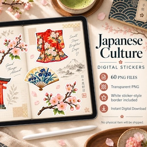 May include: A digital tablet displaying a collection of Japanese-themed stickers including a red torii gate, a blue wave, a floral kimono, a folding fan, and cherry blossom branches, with text reading Japanese Culture Digital Stickers.