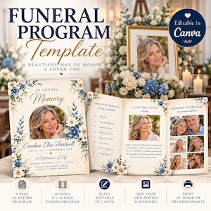 Pode incluir: Um modelo de programa funerário com fundo creme e detalhes florais azuis e brancos. O design inclui espaço para um retrato, o texto In Loving Memory, Caroline Elise Hartwell e uma ordem de serviço. É um programa dobrado de 10 painéis de 43 x 28 cm.