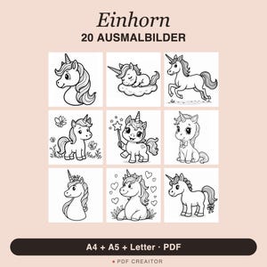 Könnte beinhalten: Ein digitales Malbuch mit dem Titel Einhorn 20 AUSMALBILDER, das zwanzig schwarz-weiße Strichzeichnungen von Einhörnern in verschiedenen Posen zeigt, darunter schlafend auf einer Wolke und mit einem Sternenstab, verfügbar als A4, A5 und Letter PDF.