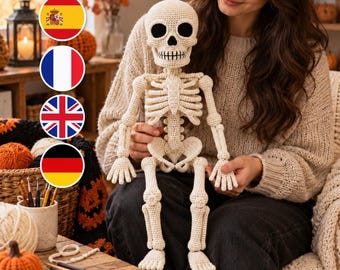 May include: A cream-colored crocheted skeleton doll featuring a detailed skull with black eye sockets and a stitched mouth, a rib cage, articulated arms and legs, and individual finger and toe details, crafted from yarn with a visible textured stitch.
