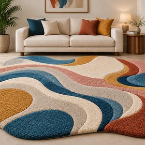 May include: A hand tufted carpet with an irregular, organic shape featuring a wavy, multi-colored pattern in shades of deep blue, mustard yellow, terracotta, cream, and soft pink. The textured surface displays a high-pile, plush construction.