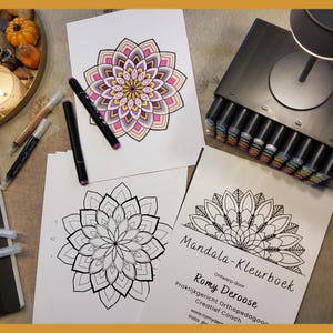 Op de afbeelding: Een kleurboek getiteld Mandala-Kleurboek door Romy Deroose, met twee mandala-illustraties, &eacute;&eacute;n ingekleurd in roze, geel en paars, en &eacute;&eacute;n zwart-wit omtrek. Een zwarte stift en een set stiften in een donkere etui zijn inbegrepen.