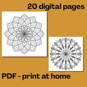 Op de afbeelding: Twee vierkante witte pagina's met zwarte lijntekeningen van mandala's op een mosterdgele achtergrond. De tekst bovenaan luidt 20 digital pages en de tekst onderaan luidt PDF - print at home. De mandala's hebben symmetrische patronen.