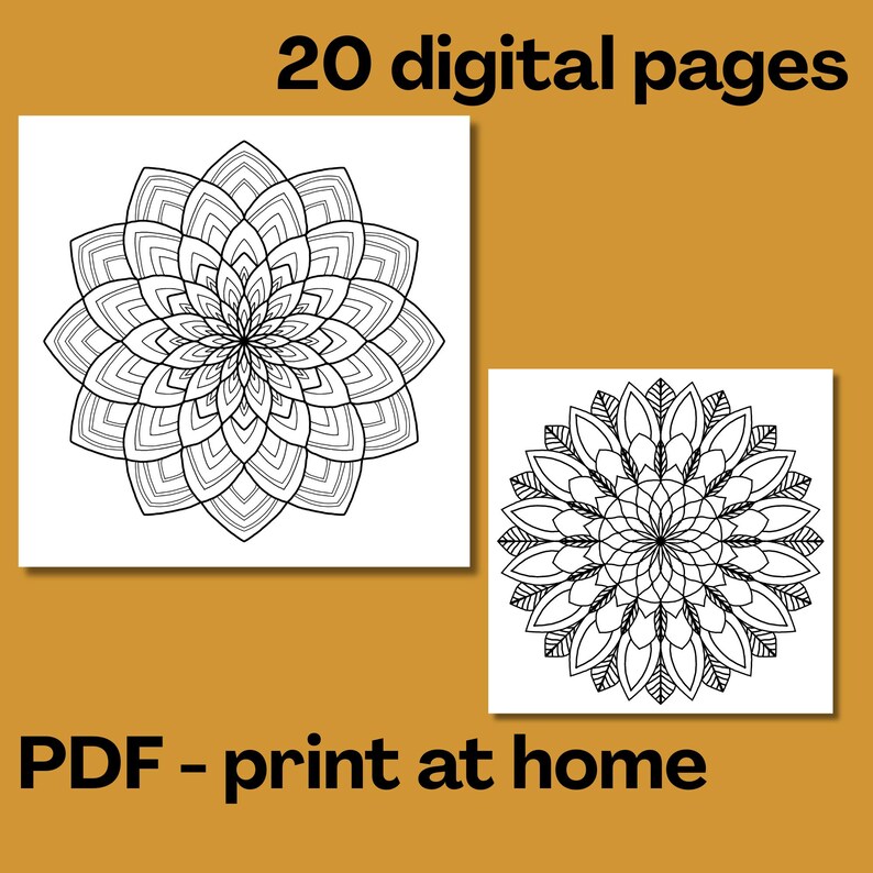 Op de afbeelding: Twee vierkante witte pagina's met zwarte lijntekeningen van mandala's op een mosterdgele achtergrond. De tekst bovenaan luidt 20 digital pages en de tekst onderaan luidt PDF - print at home. De mandala's hebben symmetrische patronen.