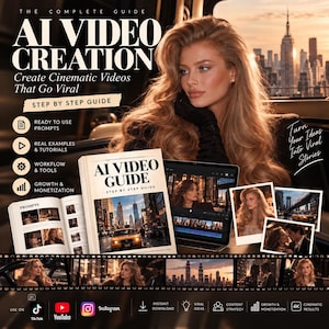 May include: A digital guide titled AI Video Creation featuring a step-by-step manual, a laptop displaying video editing software, and printed photographs. The layout includes text about prompts, tutorials, workflows, and monetization strategies for social media.