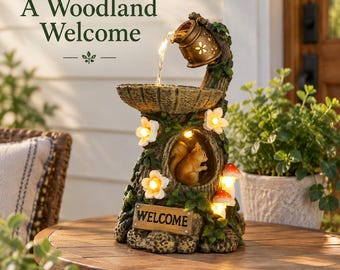 Solar Squirrel Garden Light, Tree Stump Statue with Watering Can Lights, Mushroom Flower Decor, Welcome Sign