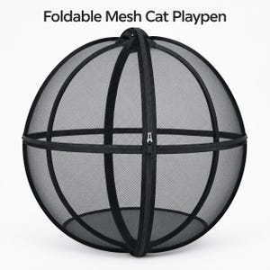 May include: A spherical foldable mesh cat playpen in black with a central vertical zipper closure. The structure features a fine black mesh fabric supported by a frame of black fabric strips. The text Foldable Mesh Cat Playpen is visible.