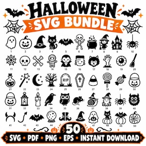 以下が含まれることがあります： ハロウィーンをテーマにした50個の黒いアイコンがグリッド状に並んだデジタルコレクション。上部に「HALLOWEEN SVG BUNDLE」、下部に「50 SVG PDF PNG EPS INSTANT DOWNLOAD」というテキストがあり、幽霊、カボチャ、コウモリなどのイラストが描かれています。
