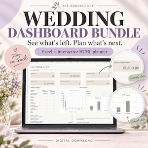 Könnte beinhalten: Ein digitales Hochzeits-Dashboard-Paket auf einem Laptop-Bildschirm, bestehend aus einem Excel- und interaktiven HTML-Planer. Die Benutzeroberfläche enthält Budgetverfolgung, Diagramme zu Gästerückmeldungen und Aufgabenlisten mit dem Text "WEDDING DASHBOARD BUNDLE".