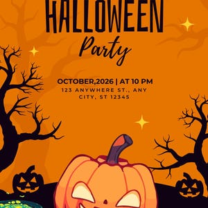 May include: An orange Halloween party invitation flyer featuring a central jack-o'-lantern, two smaller jack-o'-lanterns, a bubbling cauldron, and a skull. Text reads: YOU ARE INVITED TO HALLOWEEN Party OCTOBER, 2026 | AT 10 PM 123 ANYWHERE ST., ANY CITY, ST 12345 CLICK HERE TO DOWNLOAD