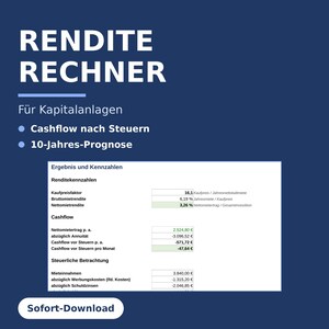 May include: A digital investment calculator template on a dark blue background with the text RENDITE RECHNER, Für Kapitalanlagen, Cashflow nach Steuern, 10-Jahres-Prognose, and Sofort-Download. It displays a table with financial metrics and data.