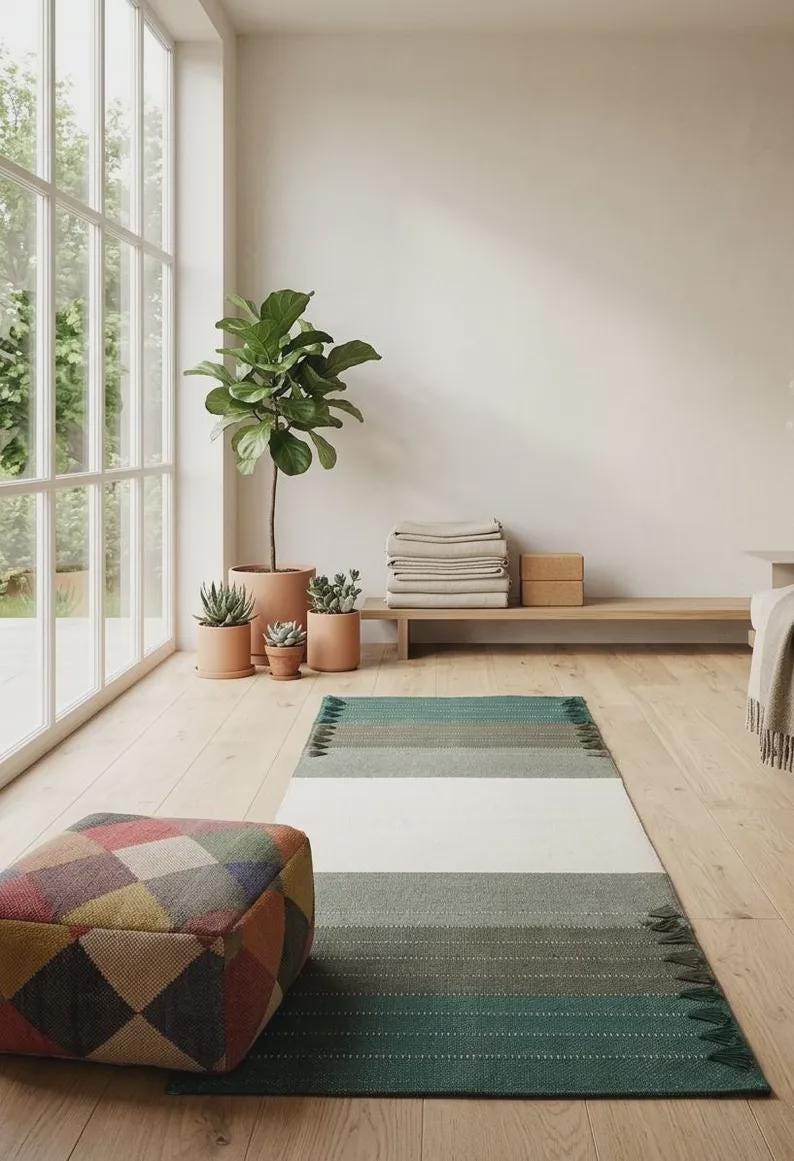 Op de afbeelding: Een rechthoekig vloerkleed met horizontale strepen in tinten groen, grijs en een brede witte middenbaan, afgewerkt met korte franjes aan beide uiteinden. Daarnaast staat een vierkante poef met een veelkleurig ruitpatroon.