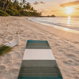 Op de afbeelding: Een rechthoekige yogamat met een kleurblokontwerp in donker bosgroen, olijfgroen en een brede witte middenstreep. De mat heeft een getextureerd oppervlak met subtiele horizontale stikseldetails en franjes aan de uiteinden.