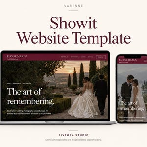 May include: A Showit website template displayed on a laptop and a smartphone. The screen shows a photography portfolio for Eloise Maren with the text The art of remembering and images of a couple in wedding attire in a garden setting.