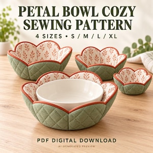 May include: Petal bowl cozy sewing pattern in 4 sizes S, M, L, XL. The image shows quilted fabric bowl covers with a sage green exterior and a cream interior featuring a rust-colored leaf print. A white ceramic bowl sits inside one cozy.
