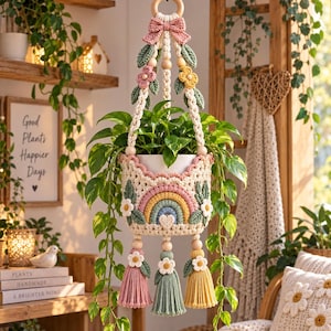 May include: A cream-colored macrame plant hanger featuring a central rainbow motif, small crocheted flowers, and green leaves. The hanger includes a wooden ring at the top, a pink bow, and three long tassels in pink, sage green, and yellow at the base.