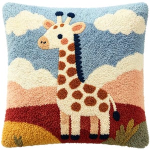 Animals Latch Hook Pillow Kits,Giraffe Pre Printed DIY Crochet Kits Cushion Cover for Home Sofa Decoration,17x17 inch