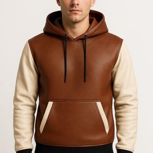 Puede incluir: Una sudadera con capucha de aspecto cuero marrón con mangas color crema, un bolsillo canguro delantero con ribete crema, puños acanalados negros y un cordón negro en la capucha. La prenda tiene una textura suave y un acabado mate.
