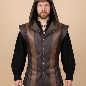 Men's Two-Tone Lambskin Leather Hooded Doublet Vest, Renaissance Style, Custom Sizing