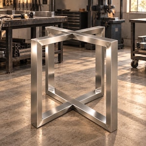 Puede incluir: Una base de mesa cuadrada fabricada en acero inoxidable cepillado con un diseño distintivo en forma de X. La estructura cuenta con cuatro patas verticales conectadas por barras horizontales que se cruzan en la parte superior e inferior, creando un marco robusto.