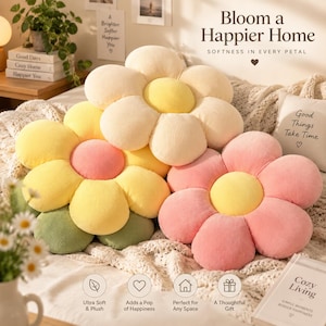 May include: Three flower-shaped throw pillows made of corduroy fabric. One pillow has cream petals and a yellow center, one has yellow petals and a pink center, and one has pink petals and a yellow center. Each pillow features rounded petals.