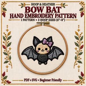 Handbroderimönster med rosett och fladdermus, Halloween PDF, SVG, nybörjarvänligt