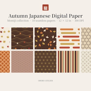 Op de afbeelding: Een collectie van tien digitale papieren getiteld Autumn Japanese Digital Paper Momiji collection 12 x 12 in 300 DPI. De patronen bevatten esdoornbladeren, ginkgobladeren, geometrische rasters, golven en strepen in bruin, oranje en crème.