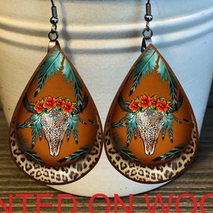 Western Earrings, Bull Skull Earrings , Leopard Earrings, Western Earrings For Women, Western Jewelry, Wooden Earrings, Gifts For Cowgirls