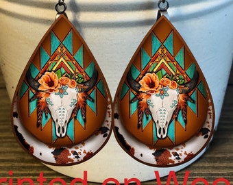 Western Earrings, Bull Skull Earrings , CowPrint Earrings, Western Hippie Earrings, Western Jewelry, Wooden Earrings, Gifts For Cowgirls