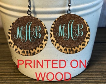 Monogrammed Wooden Leopard Animal Print Earrings, Western Jewelry, Western Earrings, Leopard Earrings, Cheetah Jewelry, Personalized