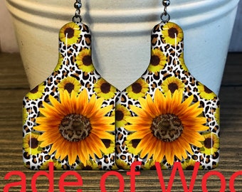 Sunflower Leopard, Sunflower Earrings, Boho Earrings, Leopard Earrings, Western Earrings, Wooden Earrings, Cheetah Earrings,  Sister Gifts