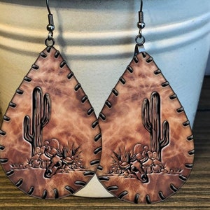 Western Cactus Earrings, Western Jewelry,  Boho Earrings, Cactus Print Earrings, Western Earrings For Women, Wooden Earrings, Western Style