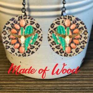 Leopard Earrings, Cactus Earrings, Western Earrings, Boho Earrings, Sister Gifts, Dangle Earrings, Wooden Earrings, Western Gifts For Her
