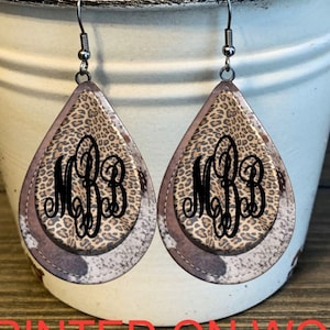 Cowhide Printed Earrings, Monogram Earrings, Western Earrings, Western Jewelry, Initial Earrings, Dangle Earrings, Women Western Earrings