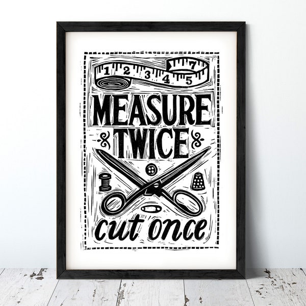 Sewing Room Print | Handcrafted Lino Cut, Measure Twice