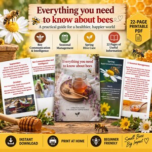 Puede incluir: Una guía PDF imprimible de 22 páginas titulada Everything you need to know about bees. El documento incluye secciones sobre comunicación de abejas, gestión estacional y cuidado primaveral, ilustrado con miel, abejas y flores.