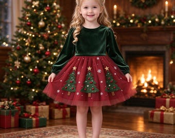 Girls' Christmas Tree Tulle Dress, Velvet Bodice, Holiday Party Outfit